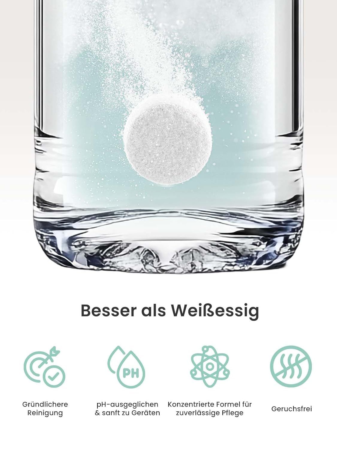 Comprimé détartrant Grownsy se dissolvant dans l'eau pour un nettoyage en profondeur.