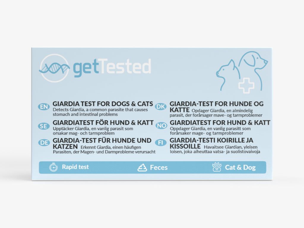 Emballage bleu avec texte et logo. Contient des informations sur le test Giardia pour chiens et chats. Avec logo et pictogrammes.