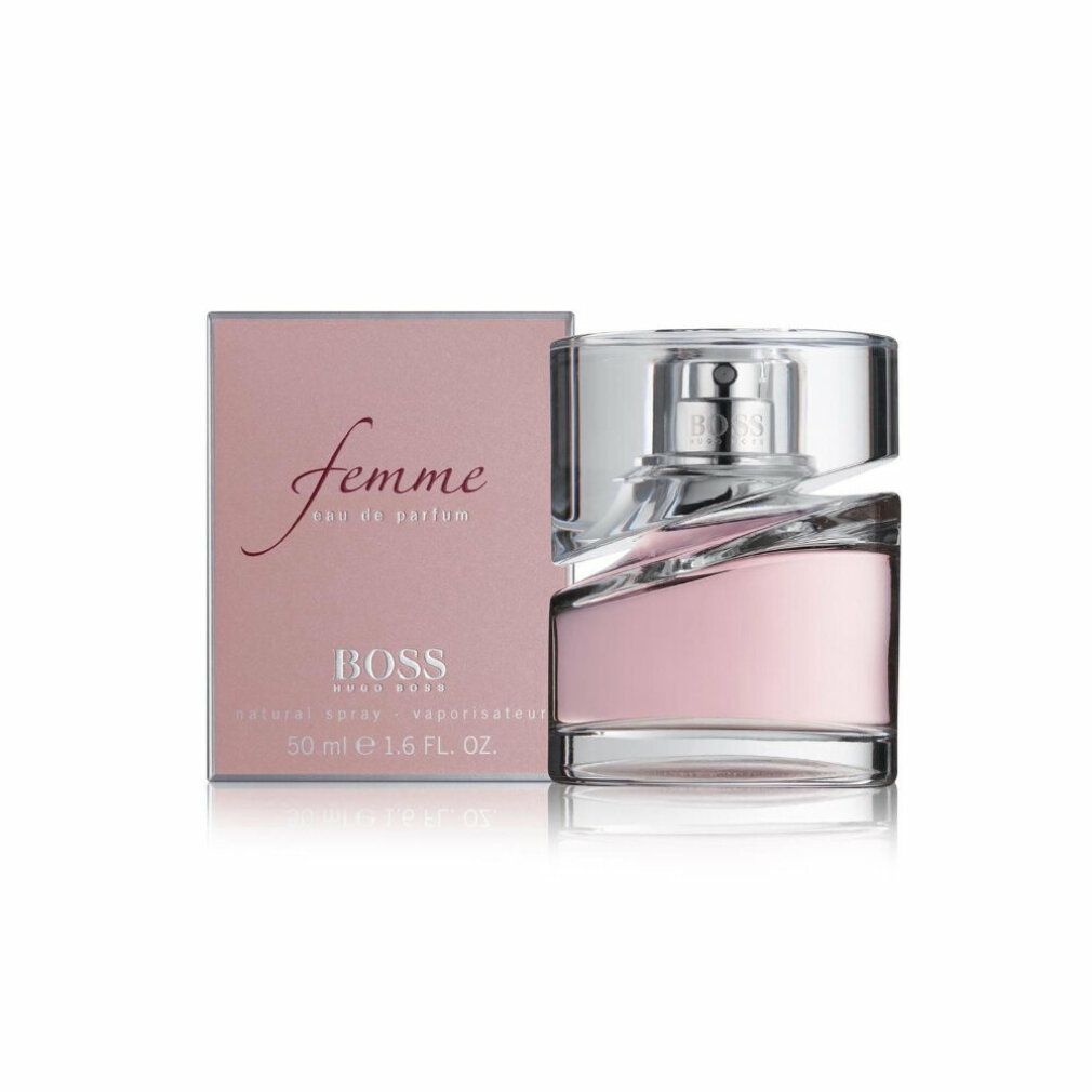 Roze parfumfles met zilveren verstuiver en roze verpakking. Opschrift: BOSS Femme.