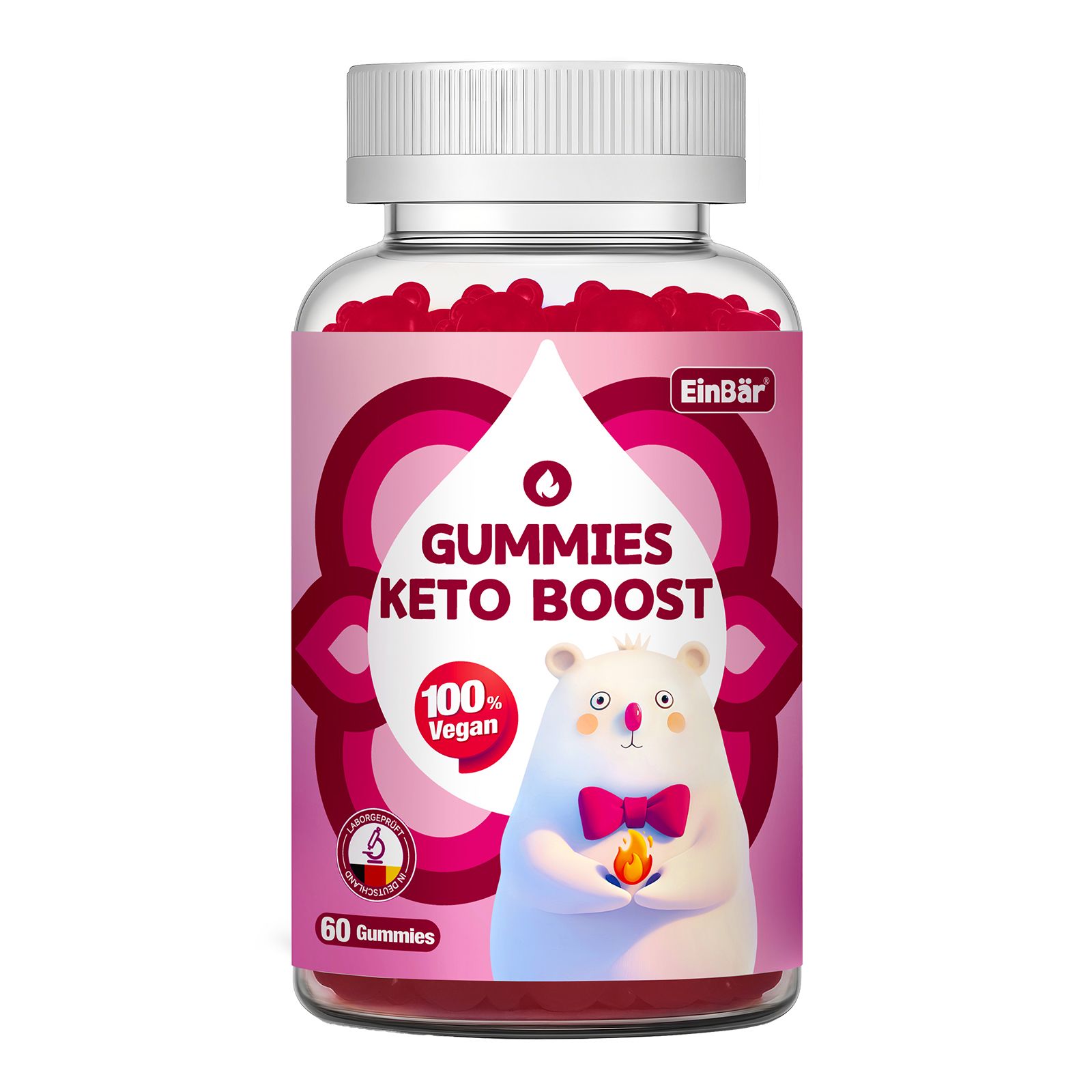 Fles met 60 vegan Keto Boost gummies. Merk: EinBär. Beer-illustratie met vlinderdas.