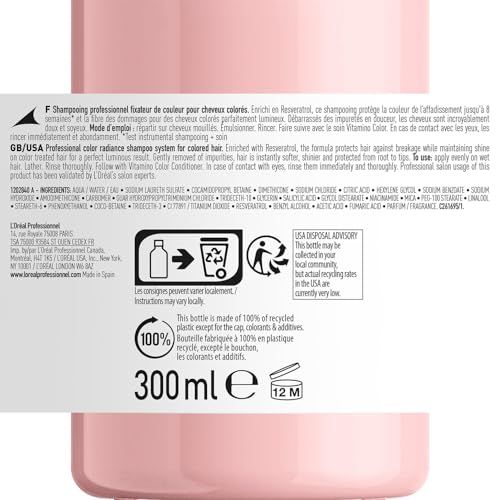 Flacon de shampooing rose. Ingrédients, conseils de recyclage et informations. 300 ml, symbole 12M.