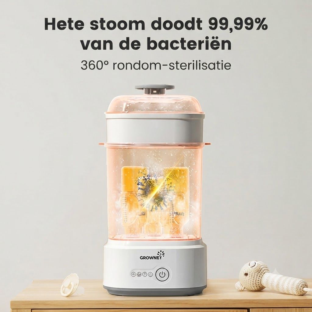 Een witte stoomsterilisator voor babyflessen met een transparante container, die flessen steriliseert.