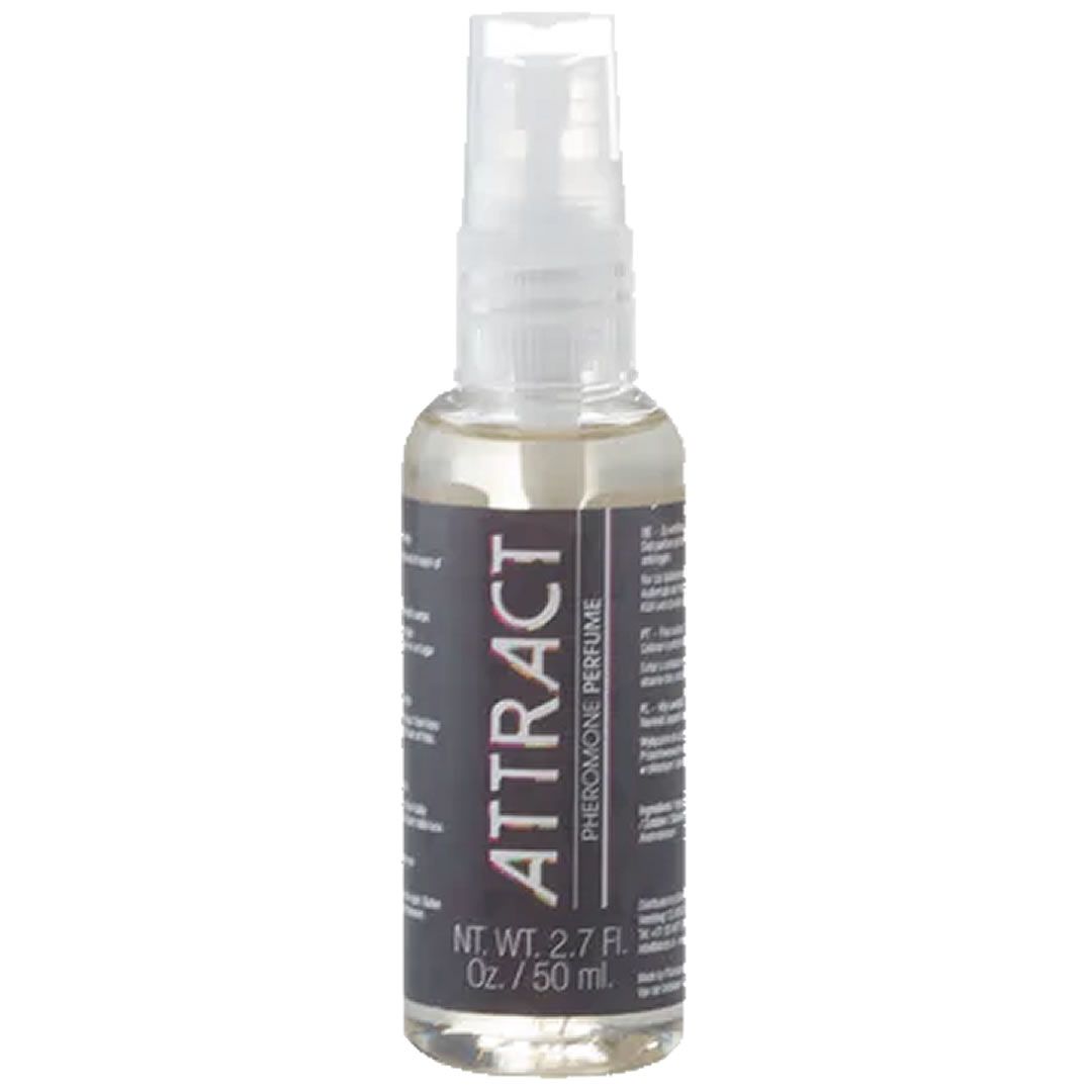 Transparante fles met verstuiver. Opschrift "ATTRACT Pheromone Perfume". Inhoud: 2.7 fl. oz. / 50 ml.