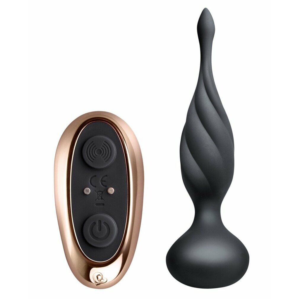 Stimulateur anal noir et télécommande or rose côte à côte.