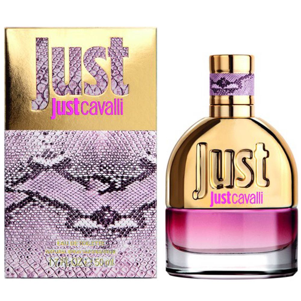 Parfumfles en verpakking. Gouden dop met opschrift "Just". Roze kleurverloop fles. Verpakking met slangenpatroon.