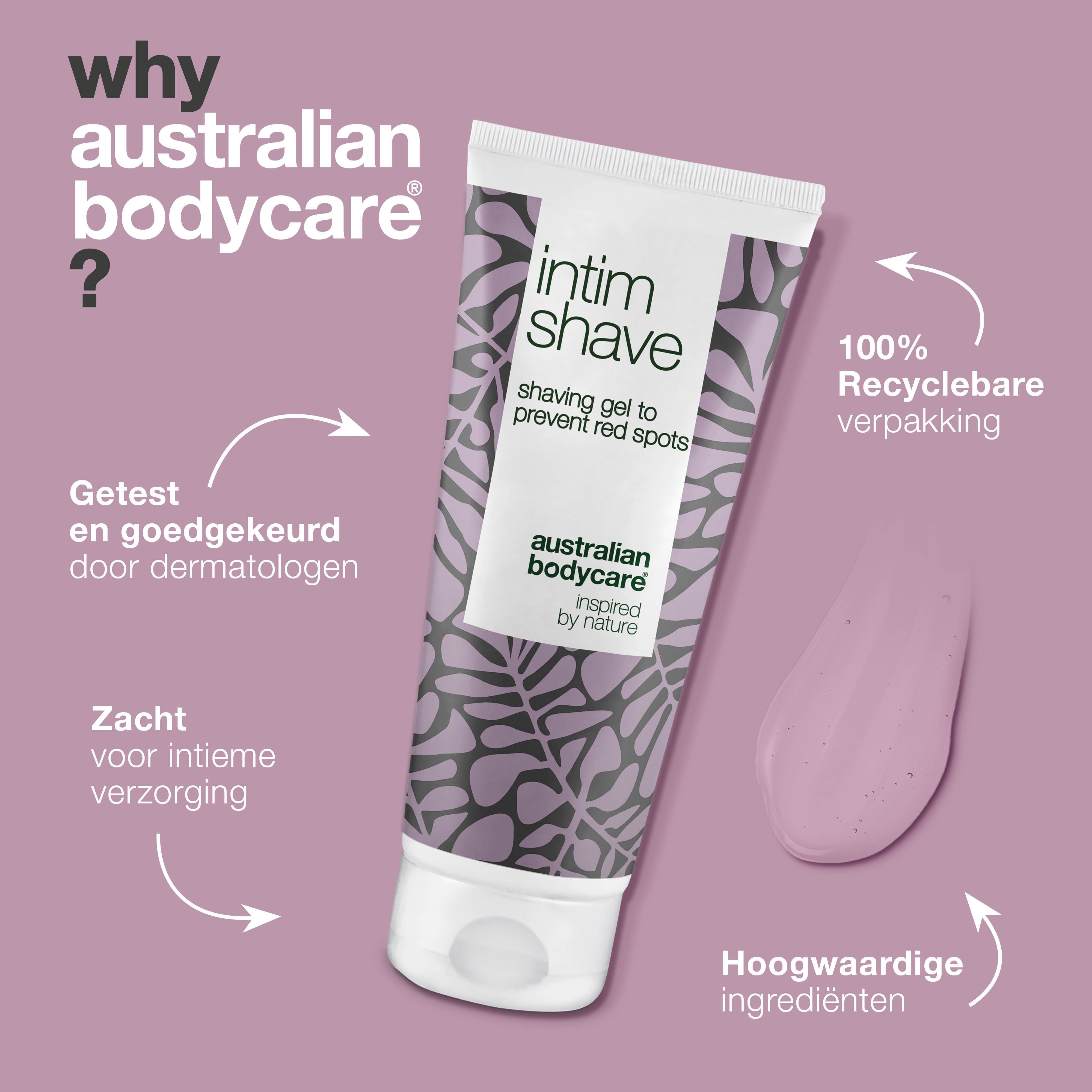 Intim Shave scheergel, tekst: Australian Bodycare, waarom? Tekst en pijlen. Roze vlek.