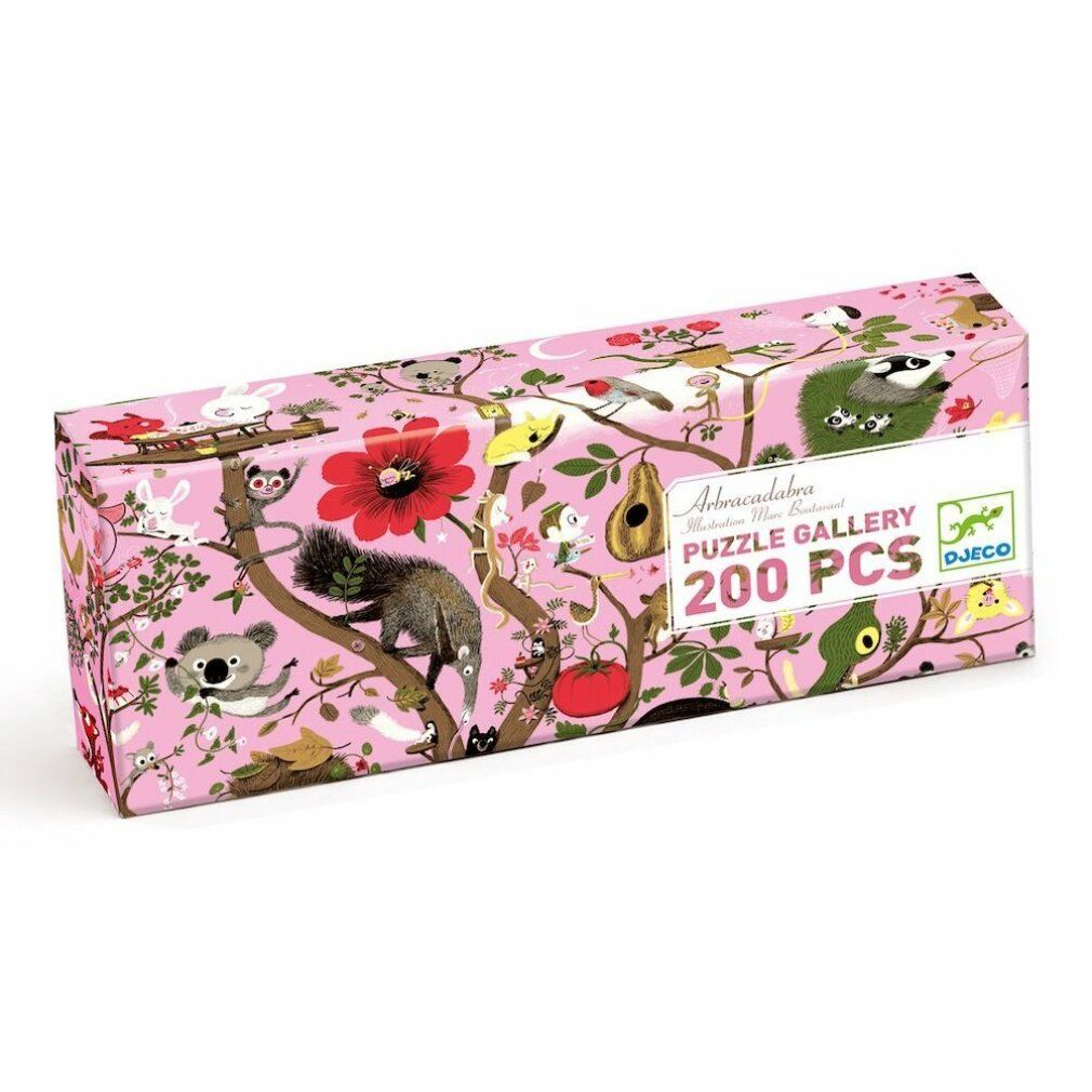 Boîte de puzzle de 200 pièces sur fond rose avec illustrations d'animaux.