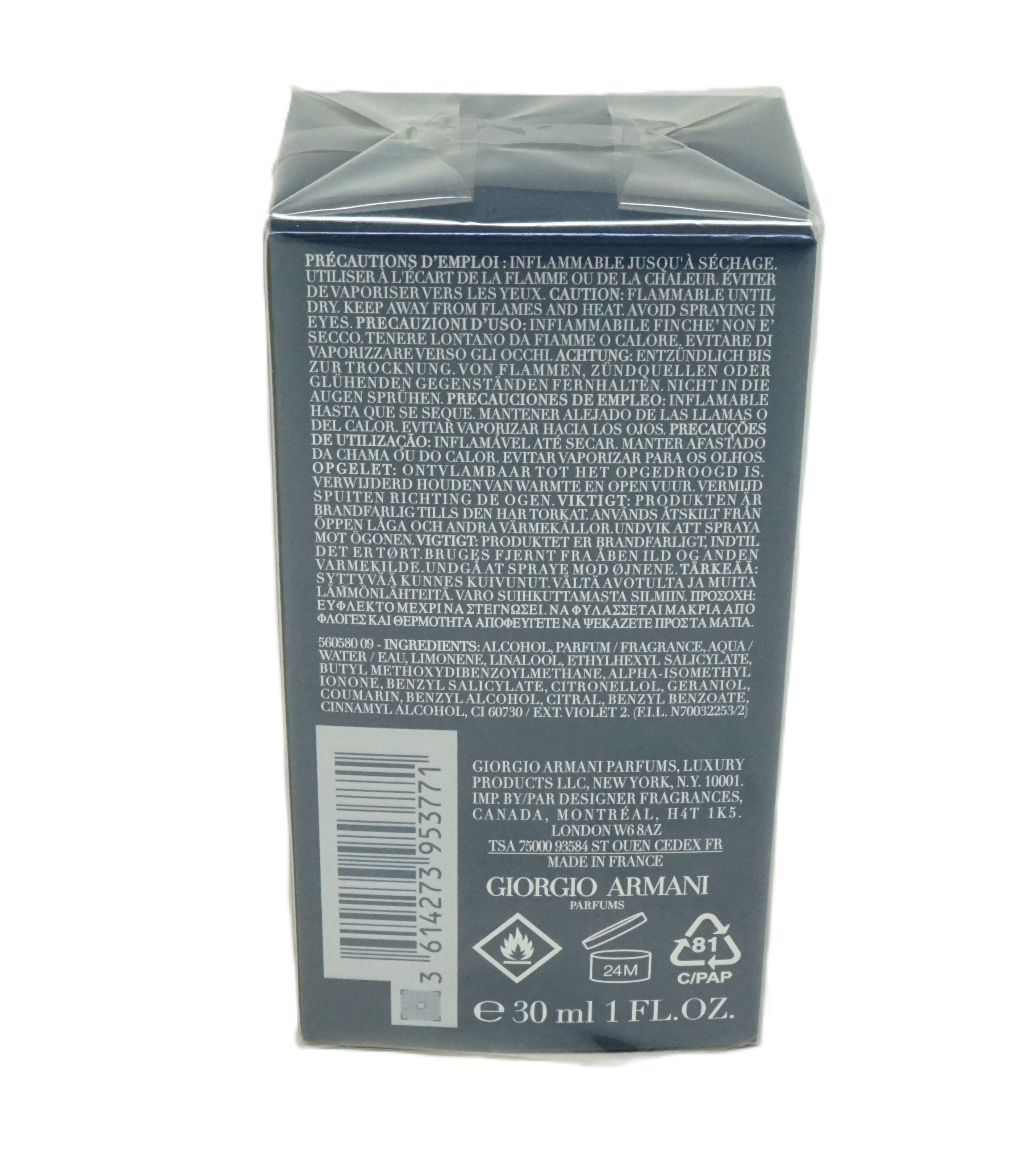 Donkerblauwe verpakking met tekst. Giorgio Armani Parfum, 30 ml, 1 FL.OZ. Barcode en waarschuwingen.
