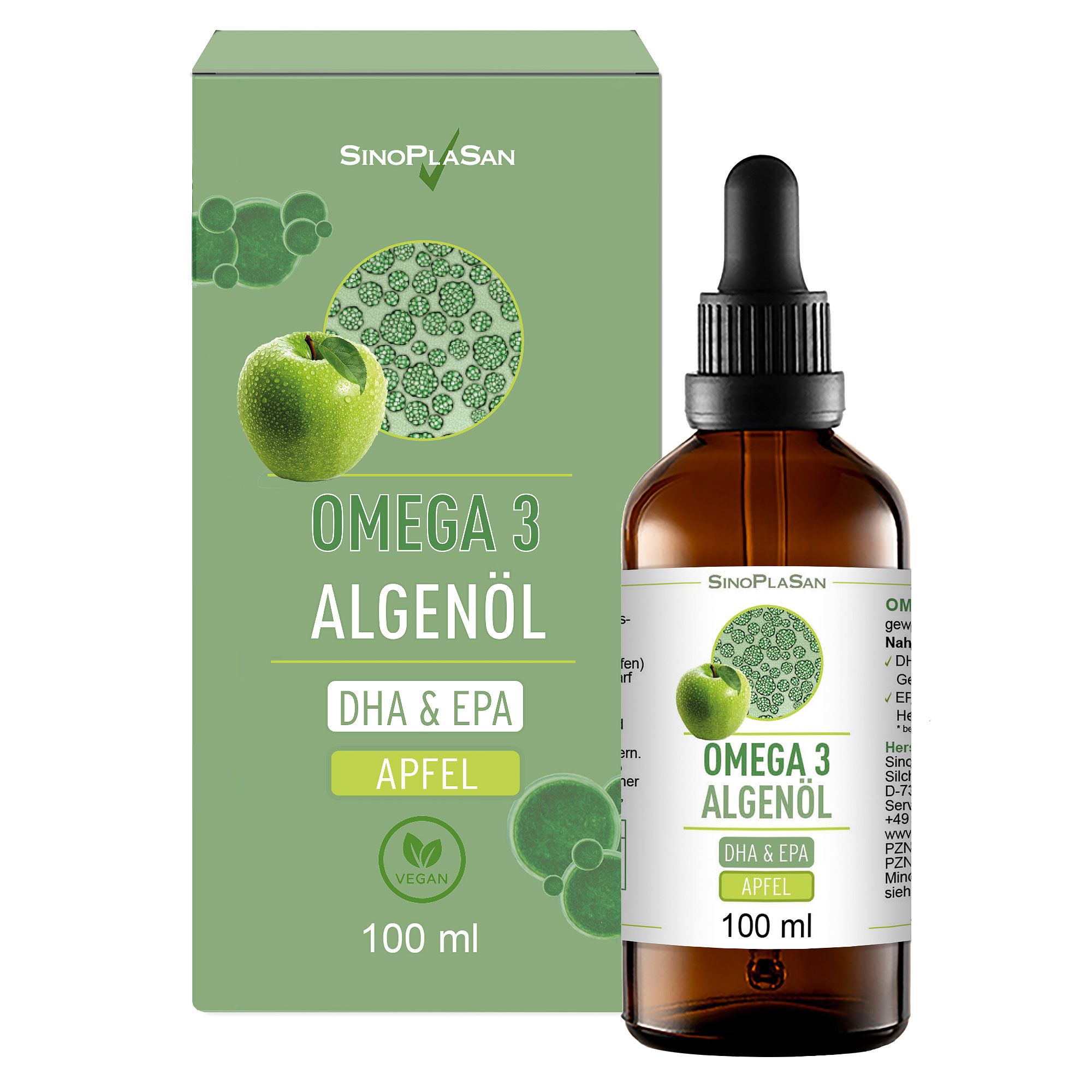 Bruine glazen fles met zwarte dop en pipet. Opschrift: Omega 3 Algenöl, Apfel, DHA & EPA. Groene verpakking met appel-illustratie.