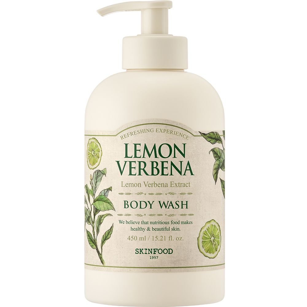 Flacon beige avec pompe. Inscription: Lemon Verbena Body Wash. Illustrations de feuilles et de tranches de citron vert.