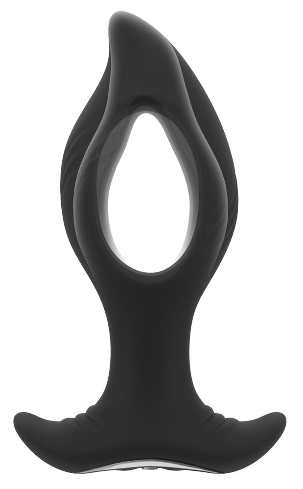 Zwarte anale plug met gat-design, brede basis en gebogen zijkanten.