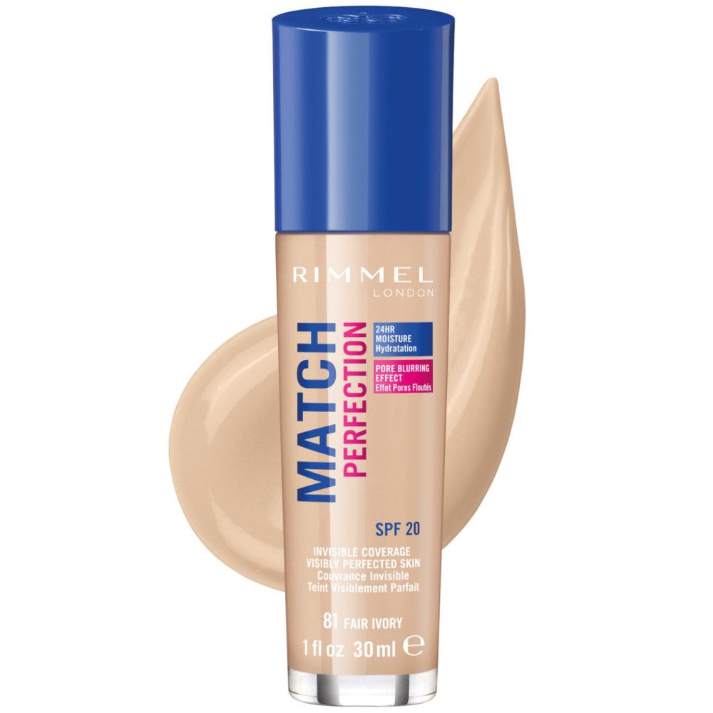 Fond de teint liquide en flacon de verre avec bouchon bleu. Inscription: Rimmel Match Perfection, SPF 20. Teinte: 81 Fair Ivory.