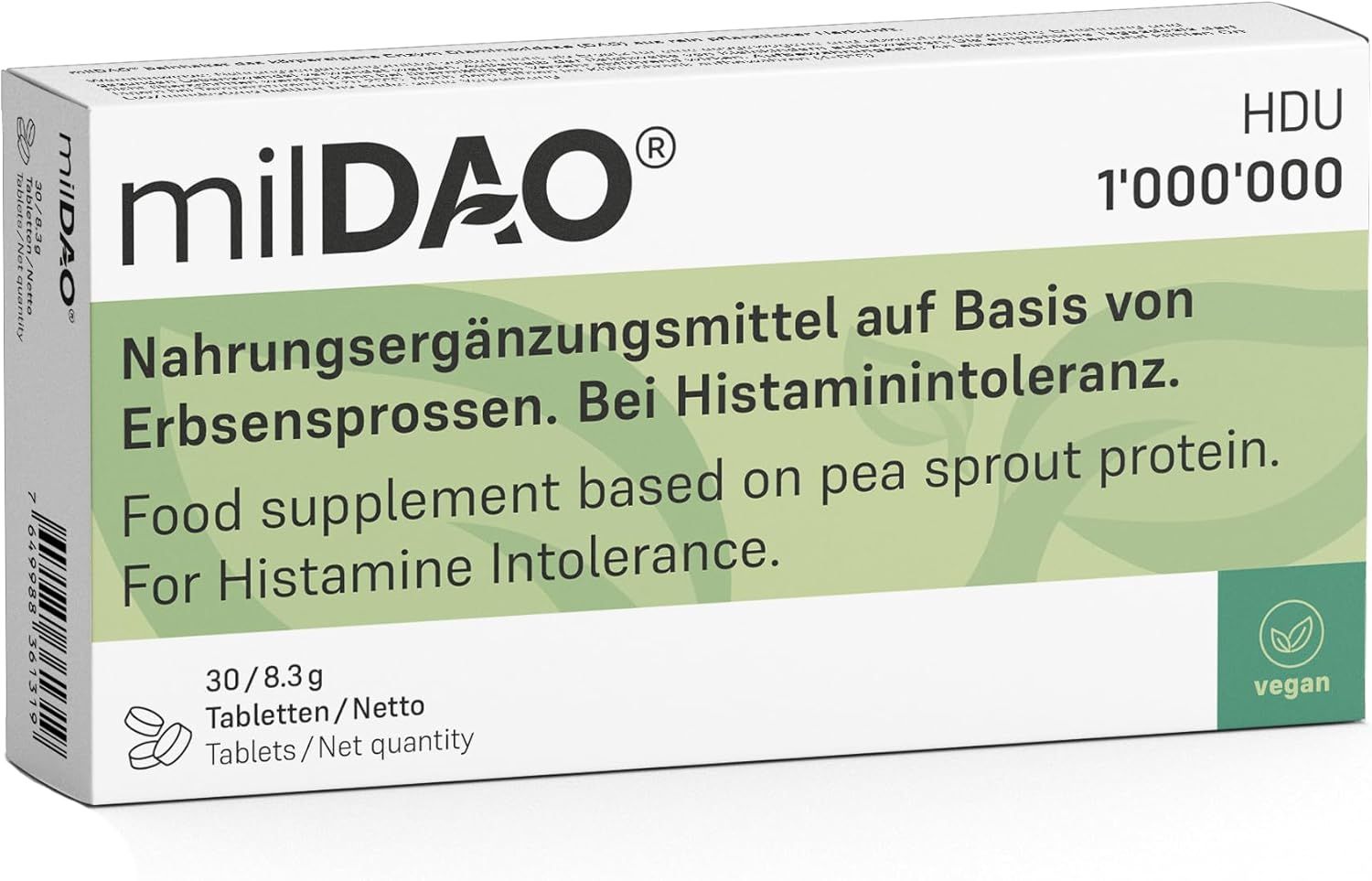 Boîte blanche avec logo milDAO et texte. Contient des comprimés pour l'intolérance à l'histamine. Label végan.