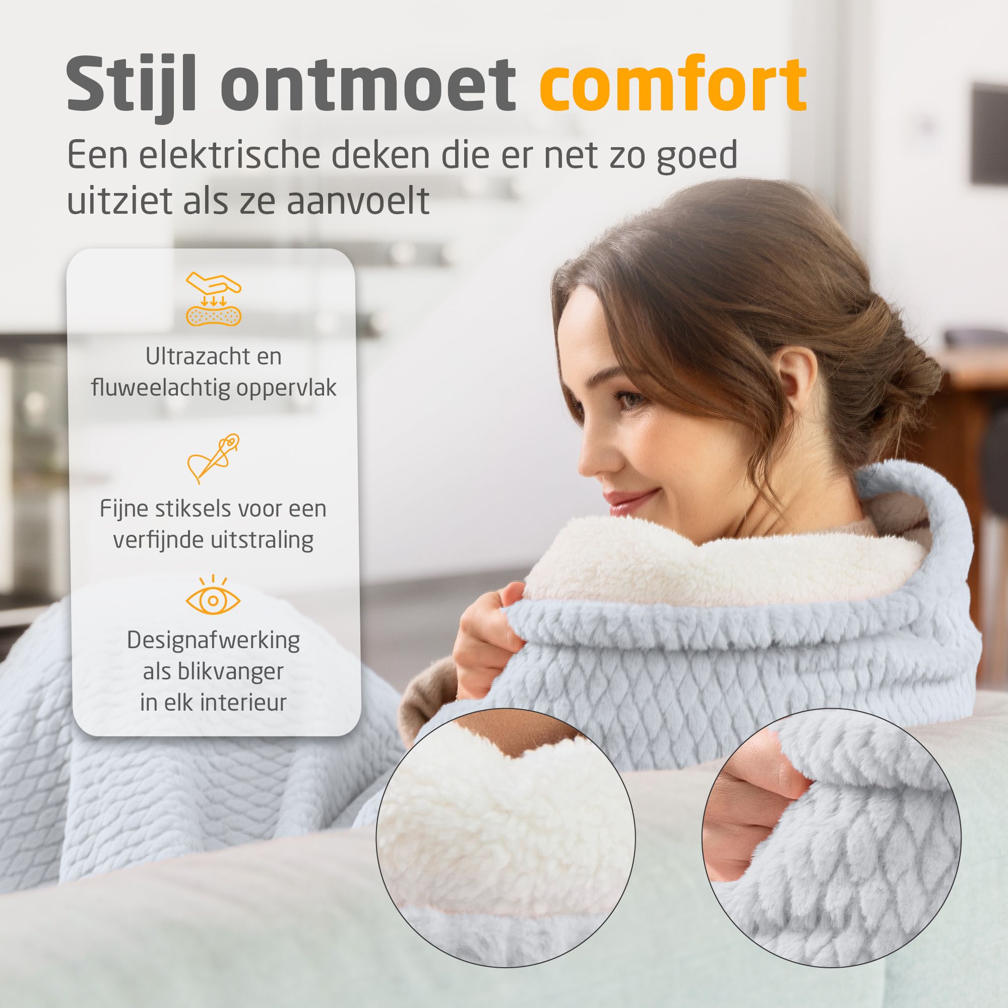 Vrouw met verwarmde deken. Superzacht oppervlak. Fijne naden. Hoogwaardige afwerking. Details van de deken.