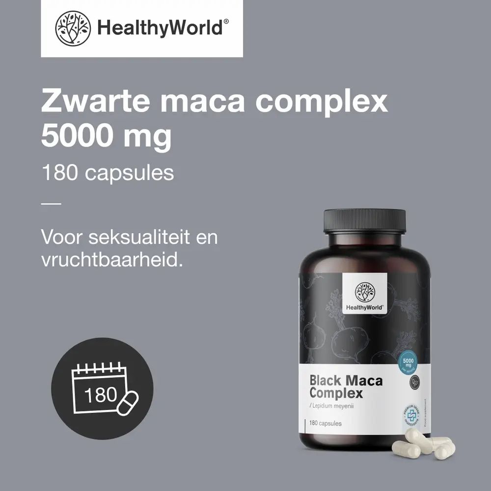Vrouw houdt een fles Black Maca Complex vast. Logo: HealthyWorld. Tekst: Zwarte maca complex 5000 mg.