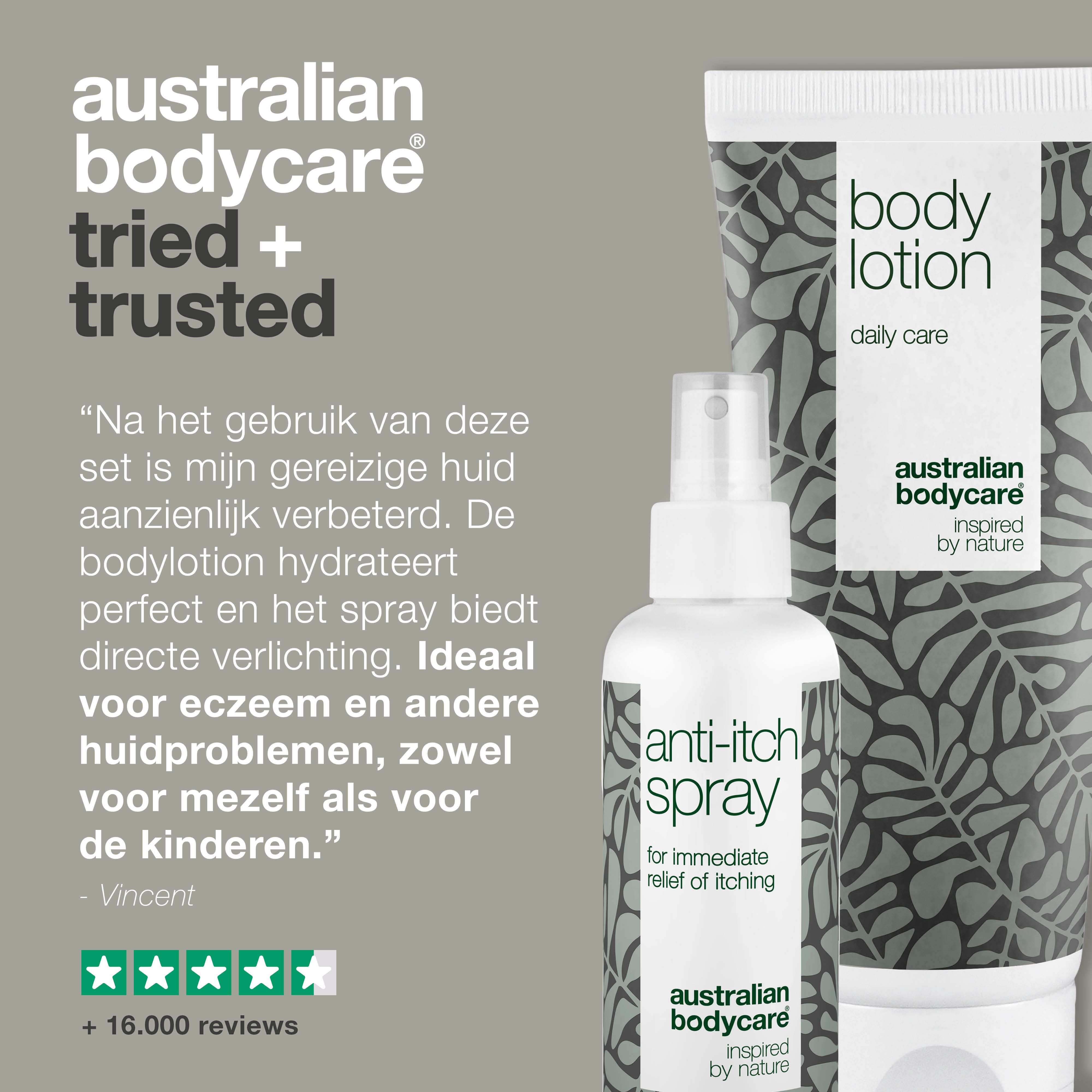 Twee producten: bodylotion en anti-jeuk spray. Links staat 'Probleem' en rechts 'Oplossing'.