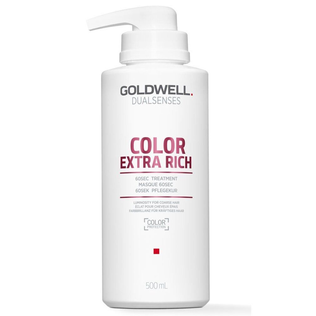 Flacon blanc avec pompe. Inscription: GOLDWELL DUALSENSES COLOR EXTRA RICH. 500ml. Pour cheveux colorés.