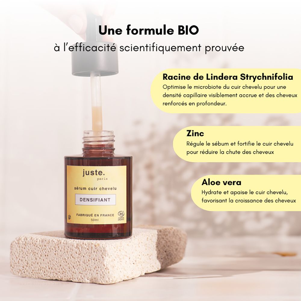 Flacon brun avec pipette. Texte: Juste.Paris, Sérum cuir chevelu, densifiant. Ingrédients: Lindera, Zinc, Aloe Vera. Fabriqué en France.