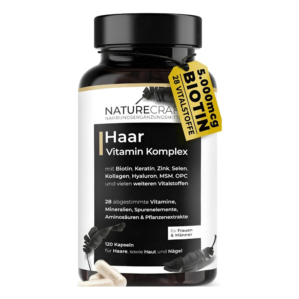 Bruine fles met zwarte dop. Etiket met productinformatie. Geel etiket met tekst: 5.000mcg Biotine.