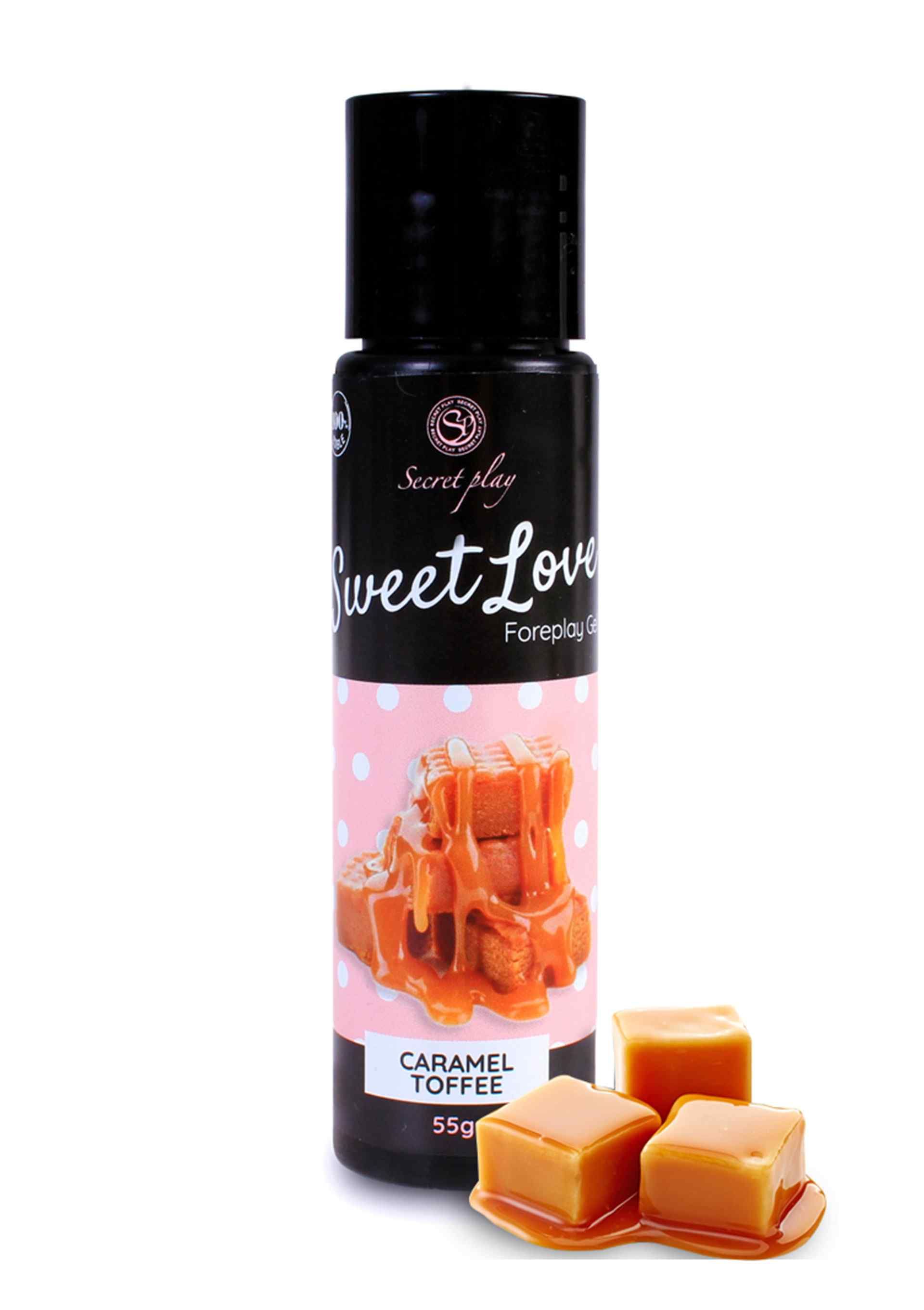 Fles Sweet Love Foreplay Gel Caramel Toffee, 55g, met karamel-toffee stukjes.