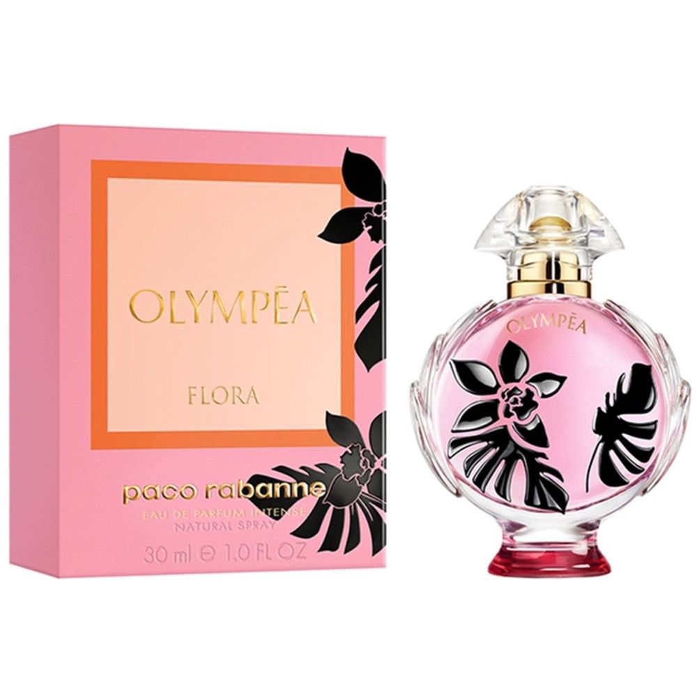 Roze flacon en verpakking. Opschrift OLYMPÉA FLORA. Zwarte bloemmotieven. 30 ml. Natuurlijke spray.