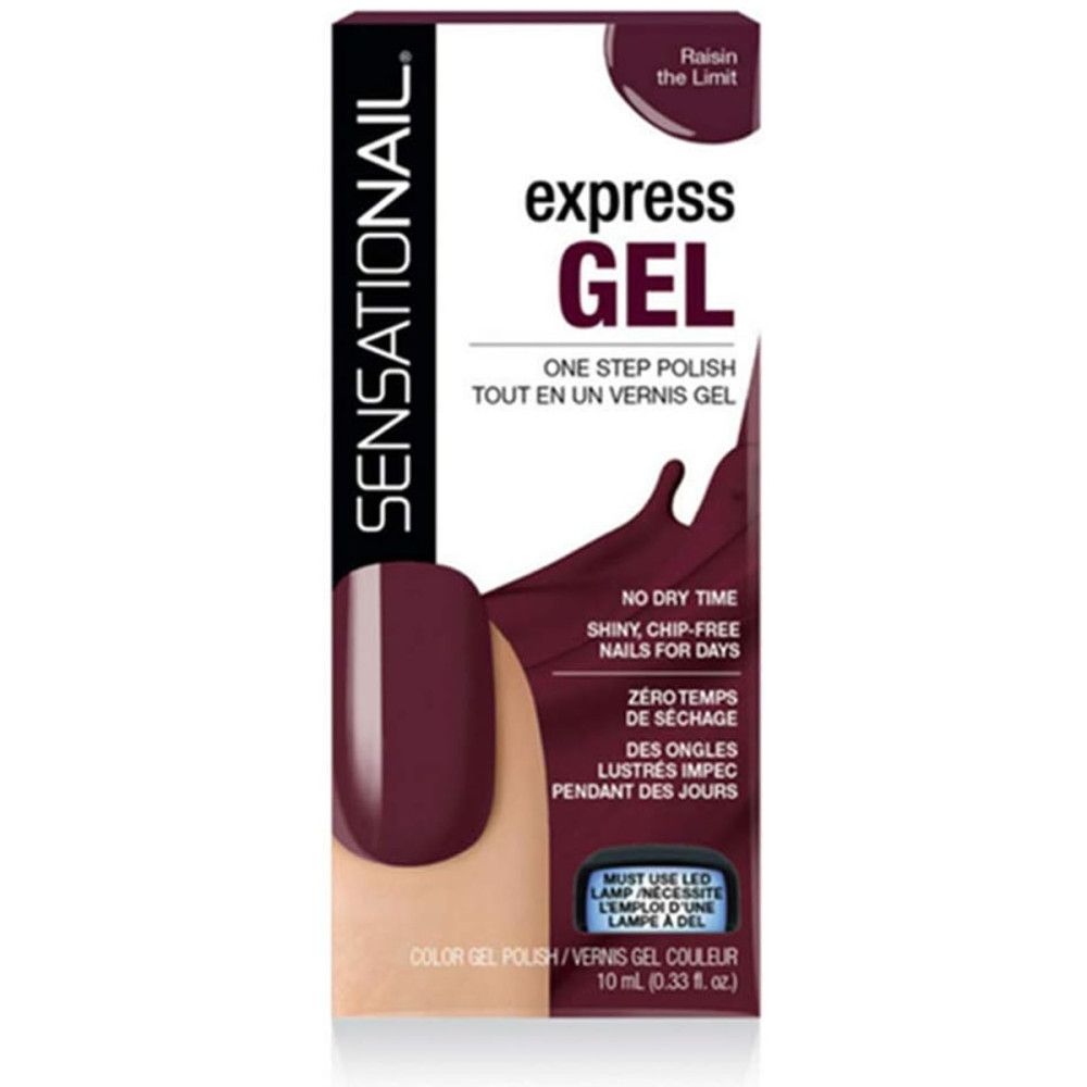 Emballage Sensationail Express-Gel. Vernis à ongles bordeaux sur ongle. Texte.