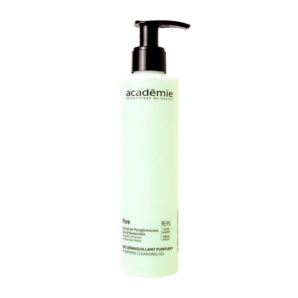 Groene fles met zwarte pomp. Opschrift Académie. Tekst: Gel Demaquillant Purifiant, Purifying Cleansing Gel.