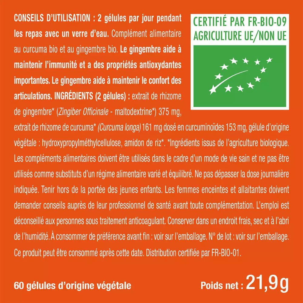 Texte avec ingrédients et conseils d'utilisation. Certification FR-BIO-09. 60 gélules végétales, 21,9 g.