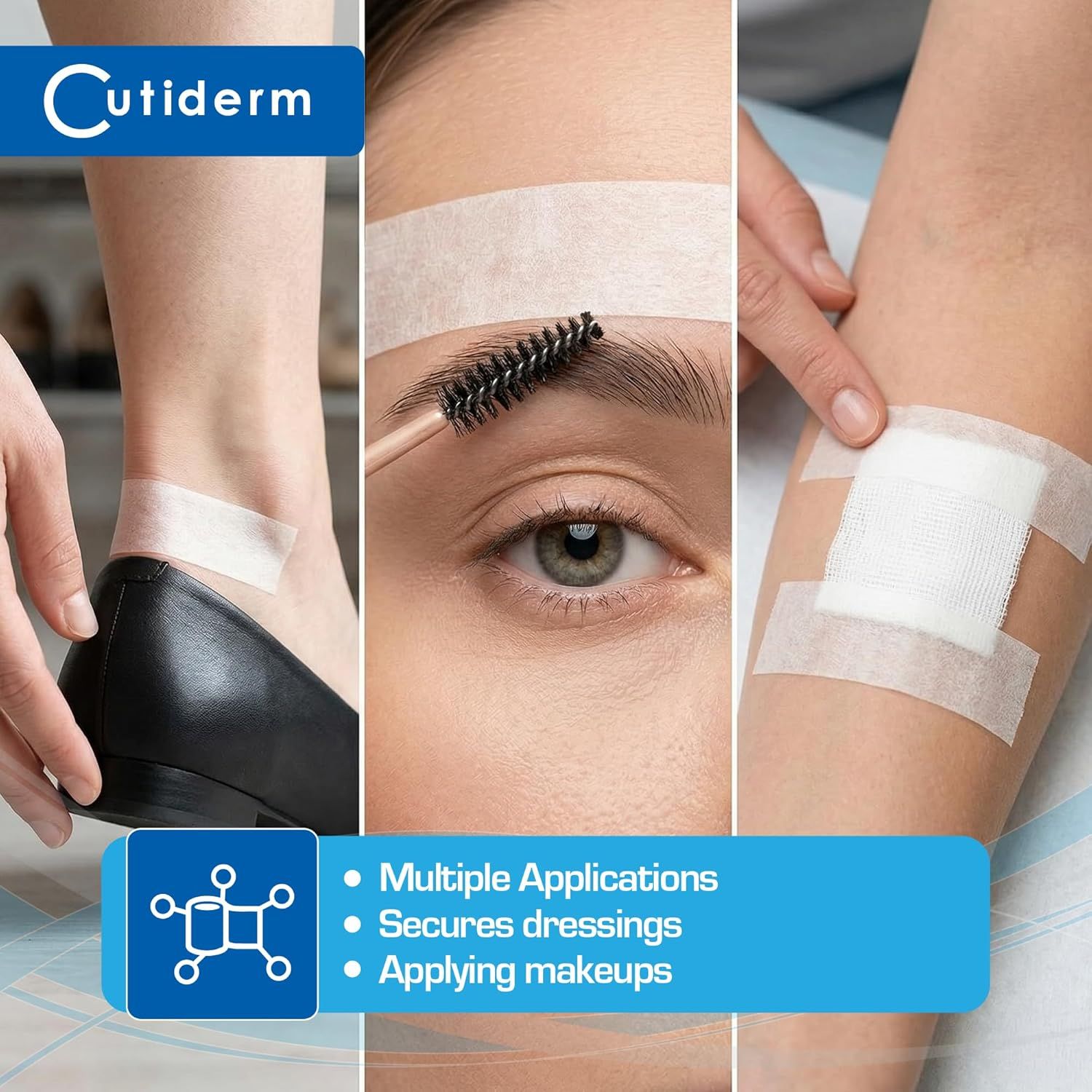 Ruban Cutiderm : applications sur la cheville, l'œil et le bras pour fixer les pansements.