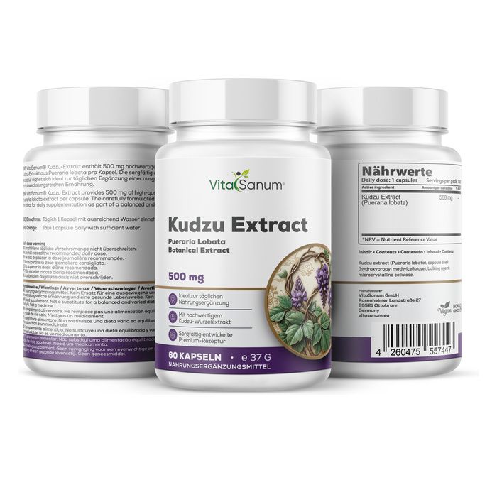 Trois flacons de gélules VitaSanum Kudzu Extract, 500 mg. Un devant, deux derrière. Flacons blancs avec étiquettes violettes.