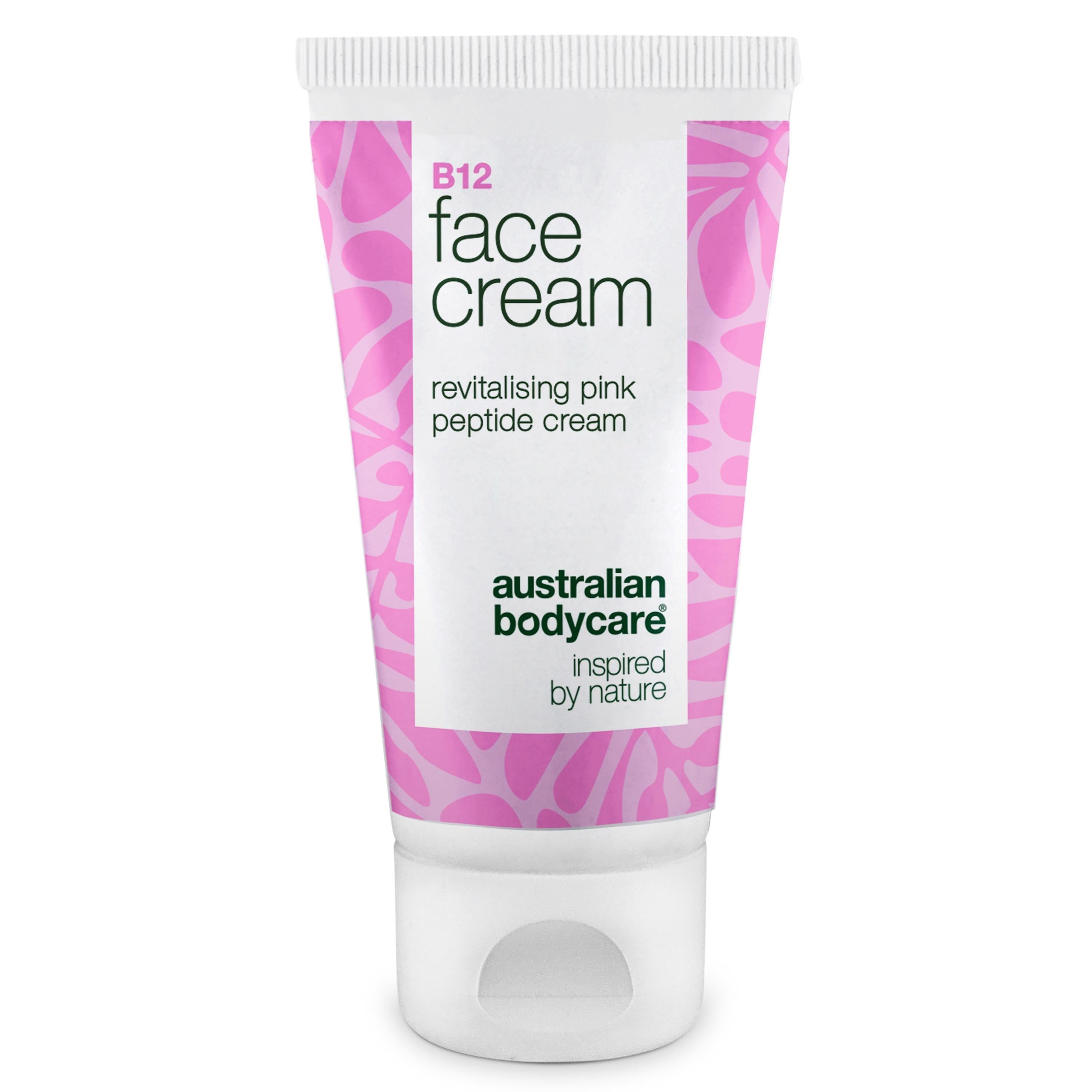 Tube rose avec bouchon blanc. Inscription : B12 face cream, revitalising pink peptide cream. Logo : Australian Bodycare.