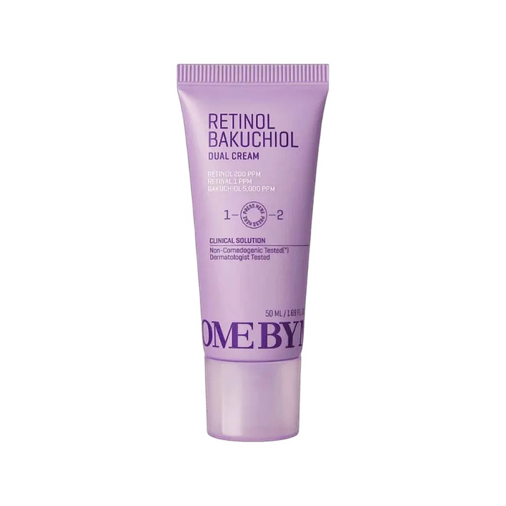 Tube violette de Retinol Bakuchiol Dual Cream, 50 ml. Contient Rétinol 200 PPM, Rétinal 1 PPM, Bakuchiol 5000 PPM.