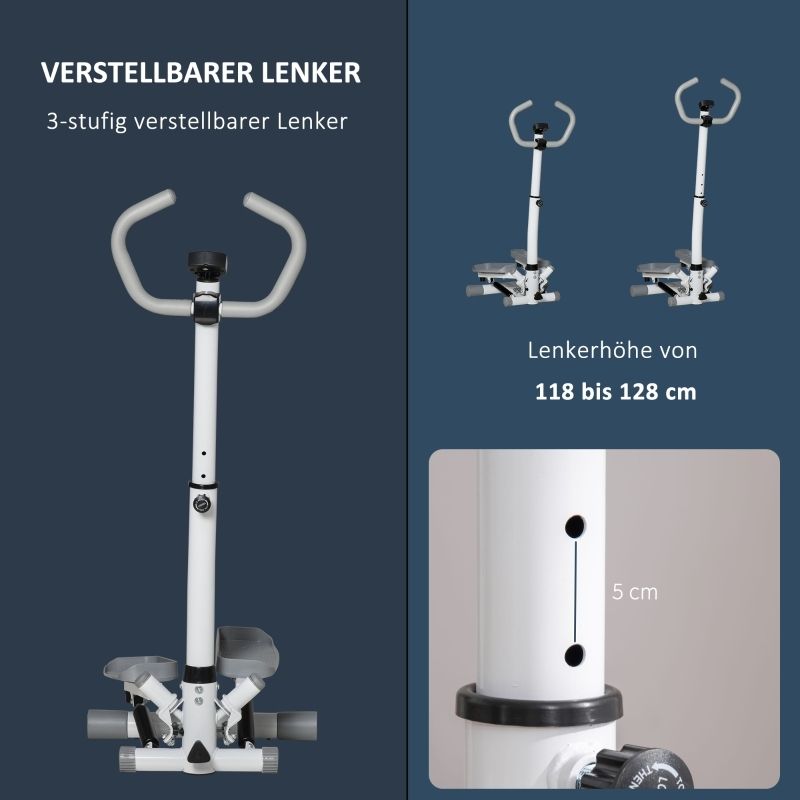 Stepper met verstelbaar stuur. Stuurhoogte van 118 tot 128 cm. Detail van het stuur. 3-voudig verstelbaar.