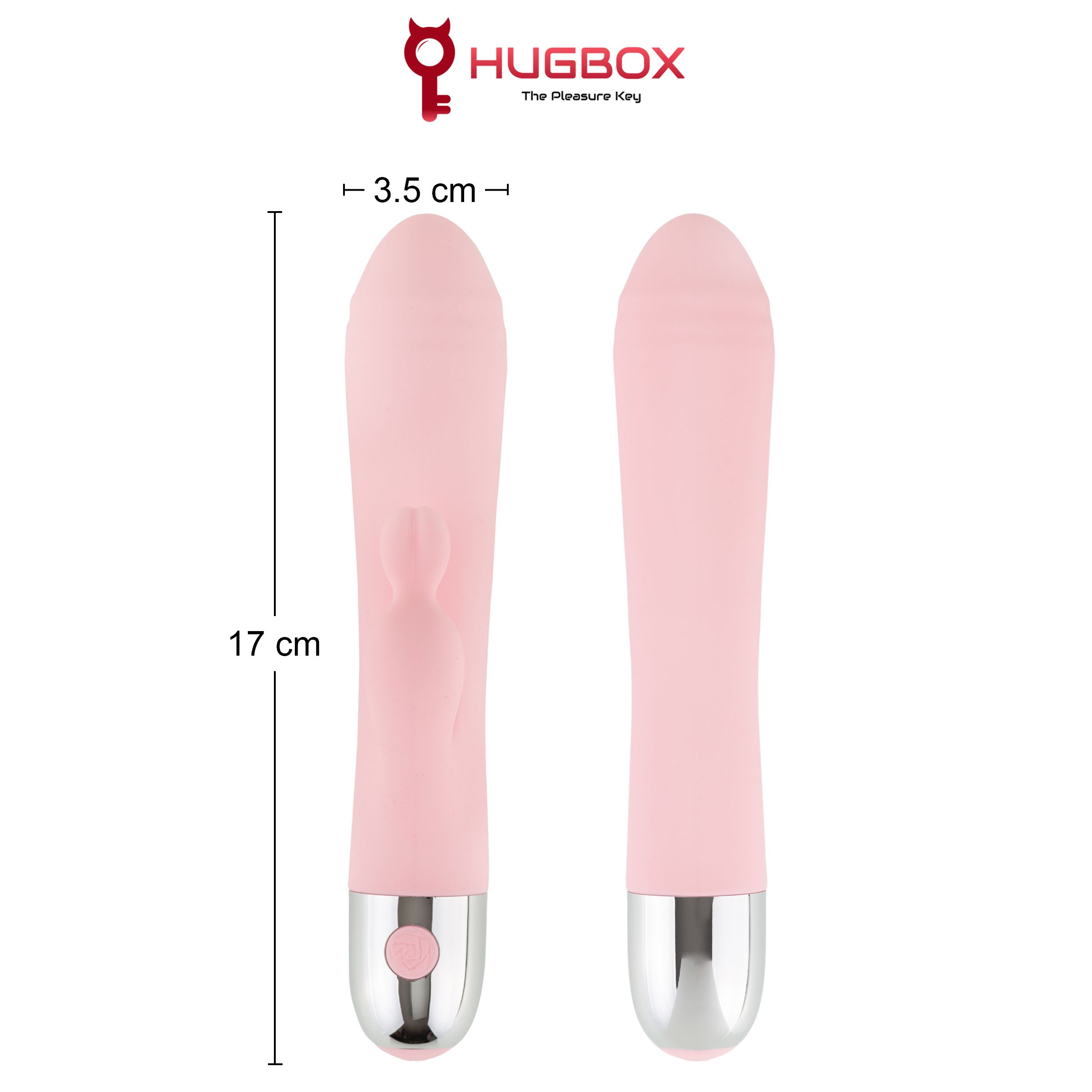 Twee roze vibrators, een met afmetingen: 17 cm lang, 3,5 cm breed. Logo: HUGBOX The Pleasure Key. Witte achtergrond.
