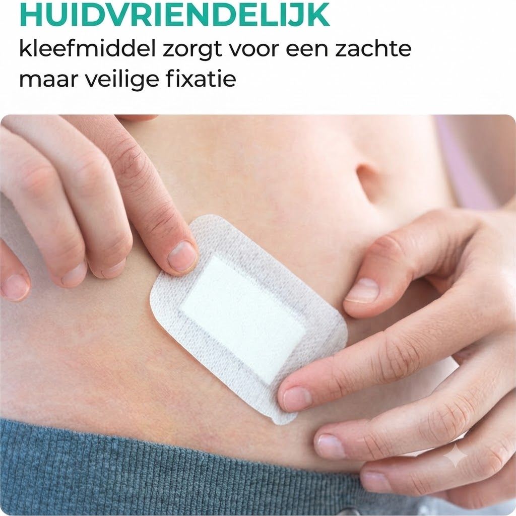 Steriel wondverband op een vinger aangebracht, toont 4-zijdige afdichting.