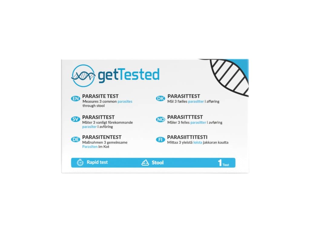 Boîte blanche avec logo 'getTested' et texte : PARASITE TEST. Contient des informations en plusieurs langues et des pictogrammes.