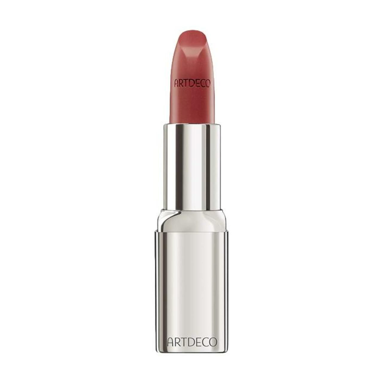 Artdeco High Performance Lipstick in zilveren huls, uitgedraaid, met rode lipstick.