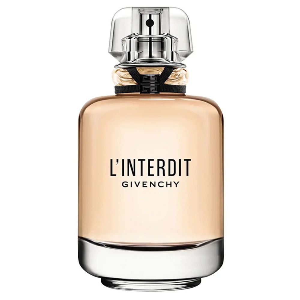 Flacon de parfum avec inscription L'Interdit Givenchy. Fermeture transparente, anneau doré et socle argenté.