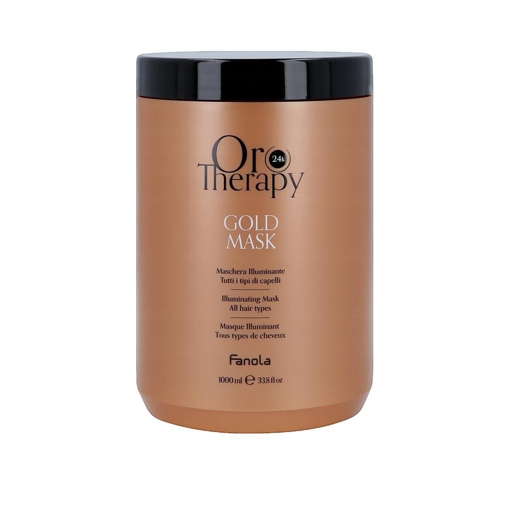 Gold Mask haarmasker. Bruine pot met zwart deksel. Opschrift: Oro Therapy, Gold Mask, Fanola. Voor alle haartypes.