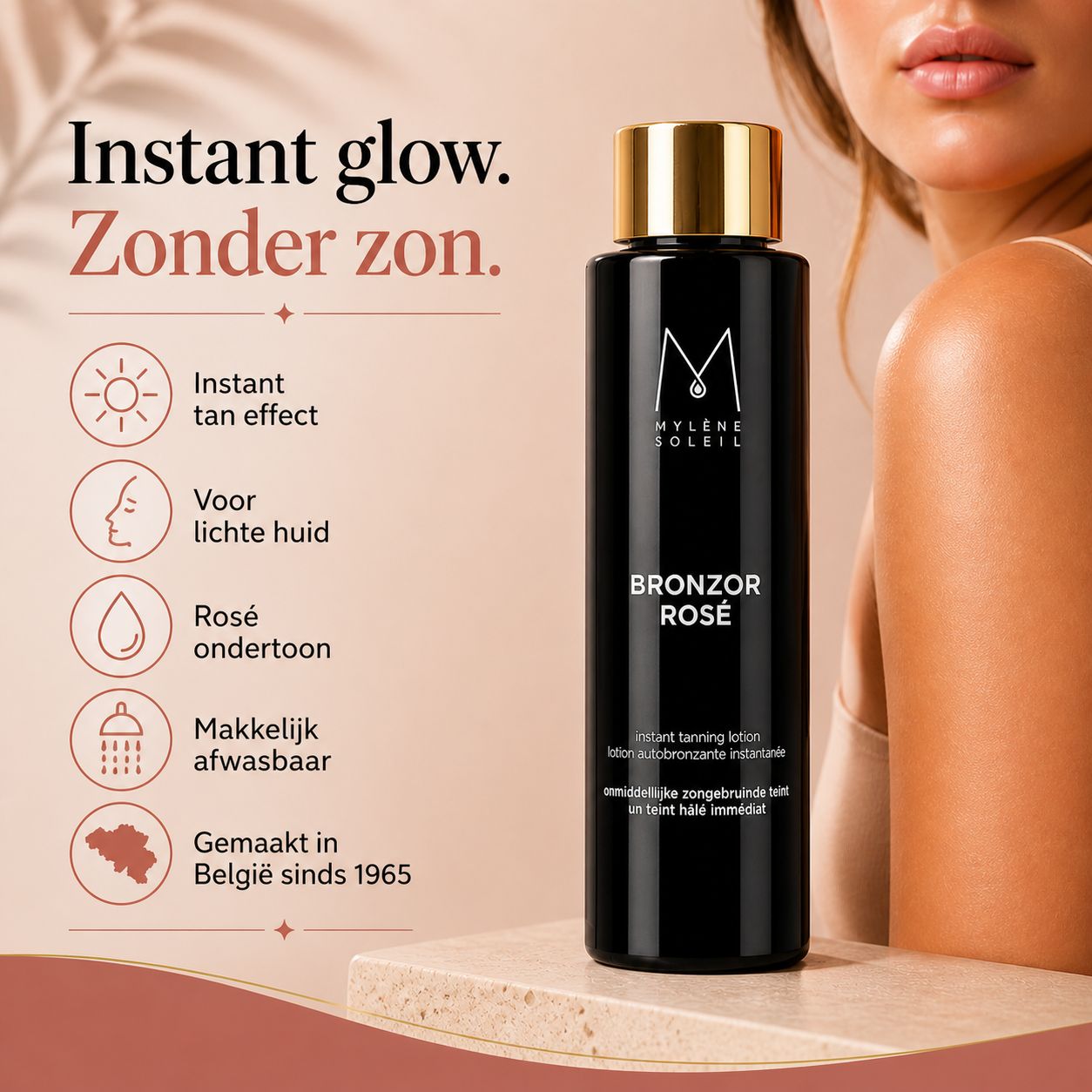 Productfles naast iconen en tekst. Tekst: Bronzor Rosé, Instant Tanning Lotion, Gemaakt in België sinds 1965.