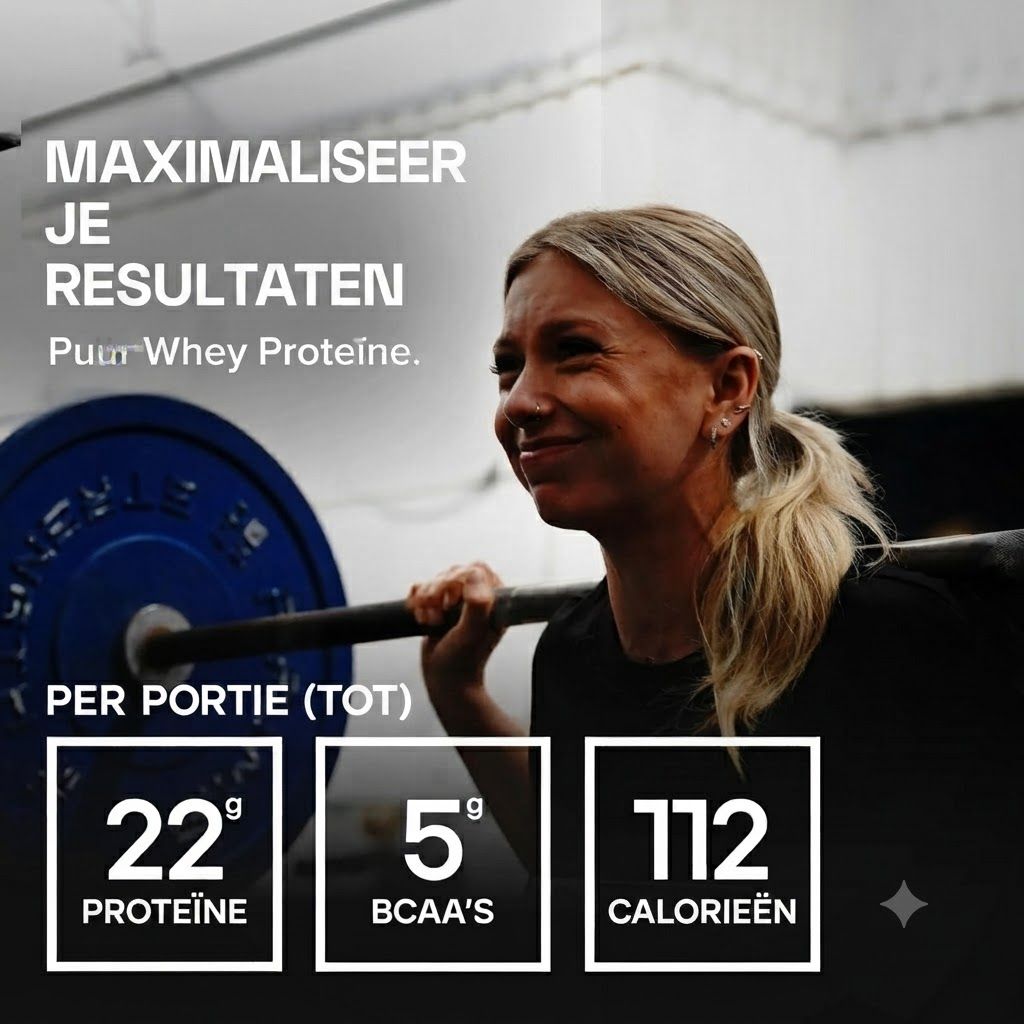 Vrouw tilt een halter met gewichten. Voedingswaarden: 22g proteïne, 5g BCAA's, 112 calorieën per portie.