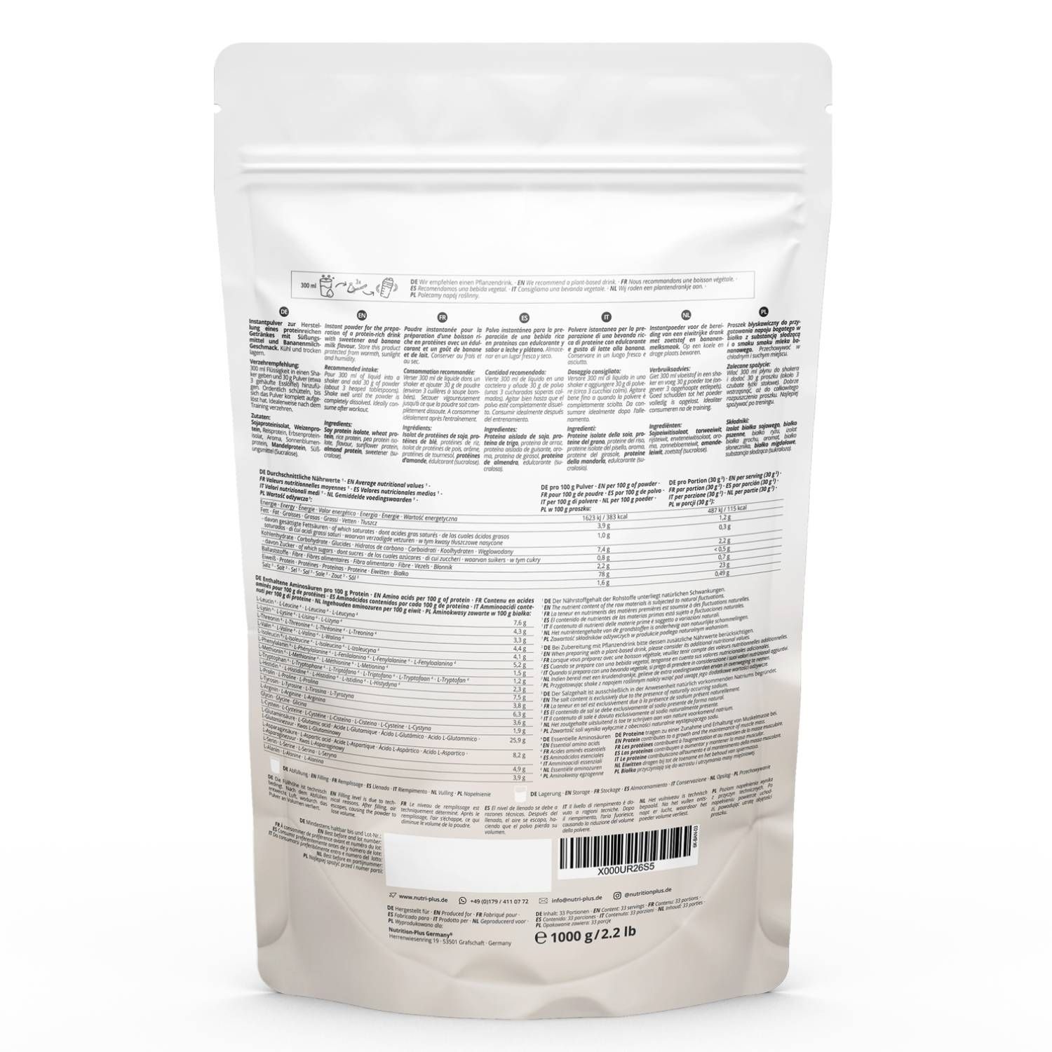 Achterkant van een Nutri+ 6K eiwitpoeder zak met gedetailleerde informatie over ingrediënten en voedingswaarden.