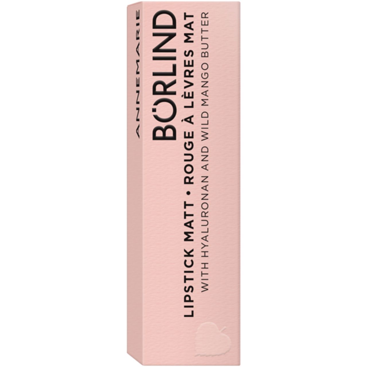 Emballage de rouge à lèvres rose. Inscription : BÖRLIND, LIPSTICK MATT ROUGE À LÈVRES MAT, avec Hyaluron et beurre de mangue sauvage.