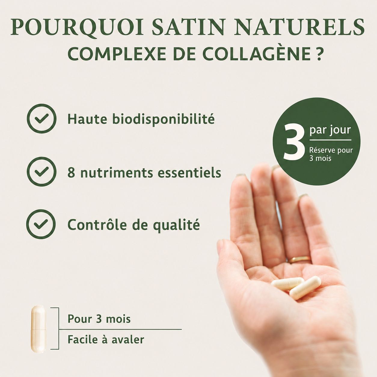 Main tenant trois gélules. À gauche : liste des avantages comme haute biodisponibilité et 8 nutriments. En bas : gélule avec texte 'Pour 3 mois'.
