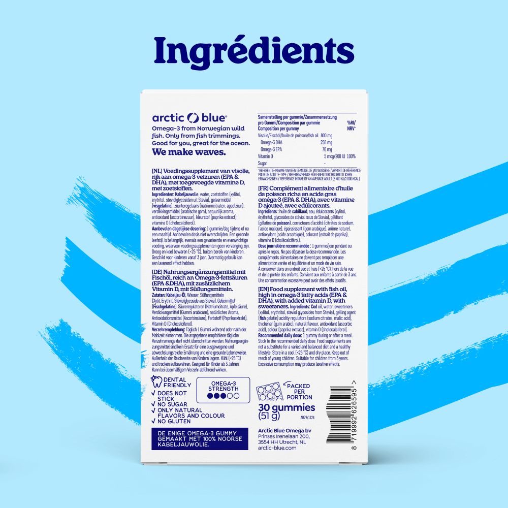Emballage Arctic Blue Omega-3 gummies avec informations sur les ingrédients et l'origine.