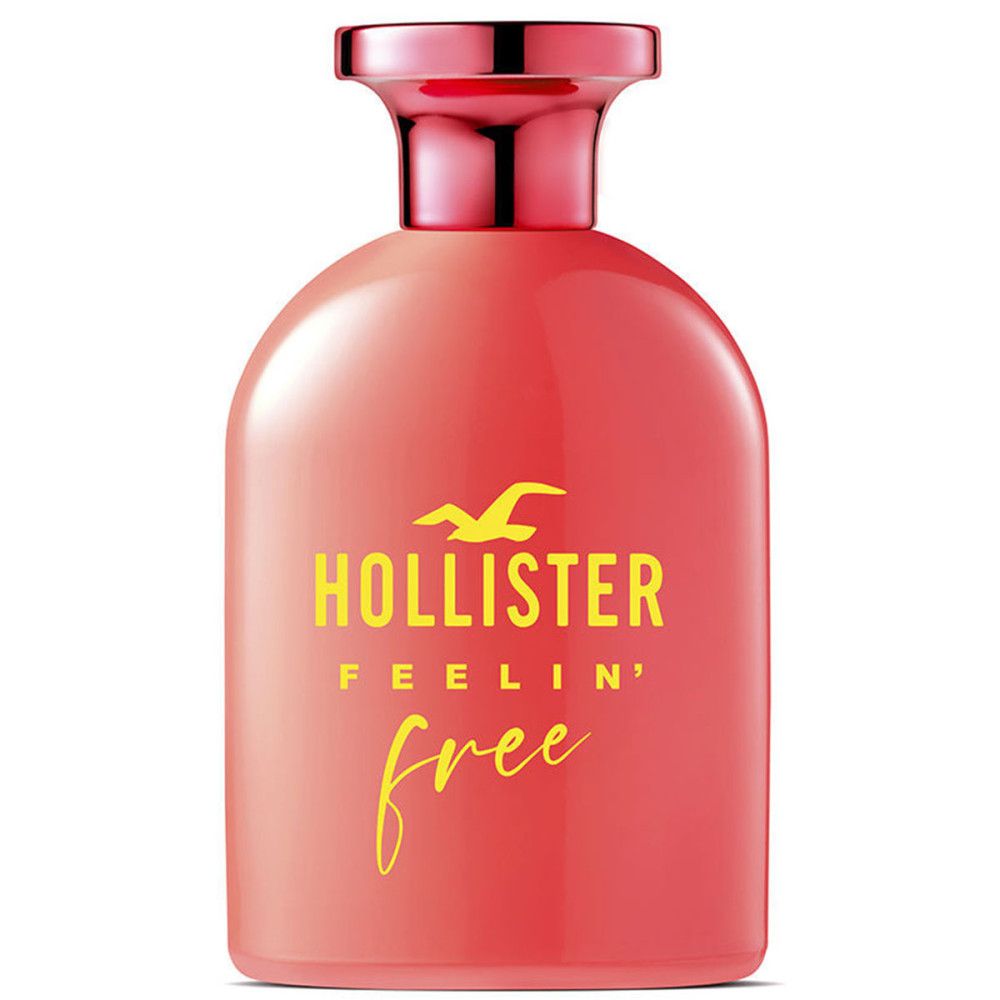 Rode fles met gele tekst. Opschrift: Hollister Feelin' Free. Roze dop.