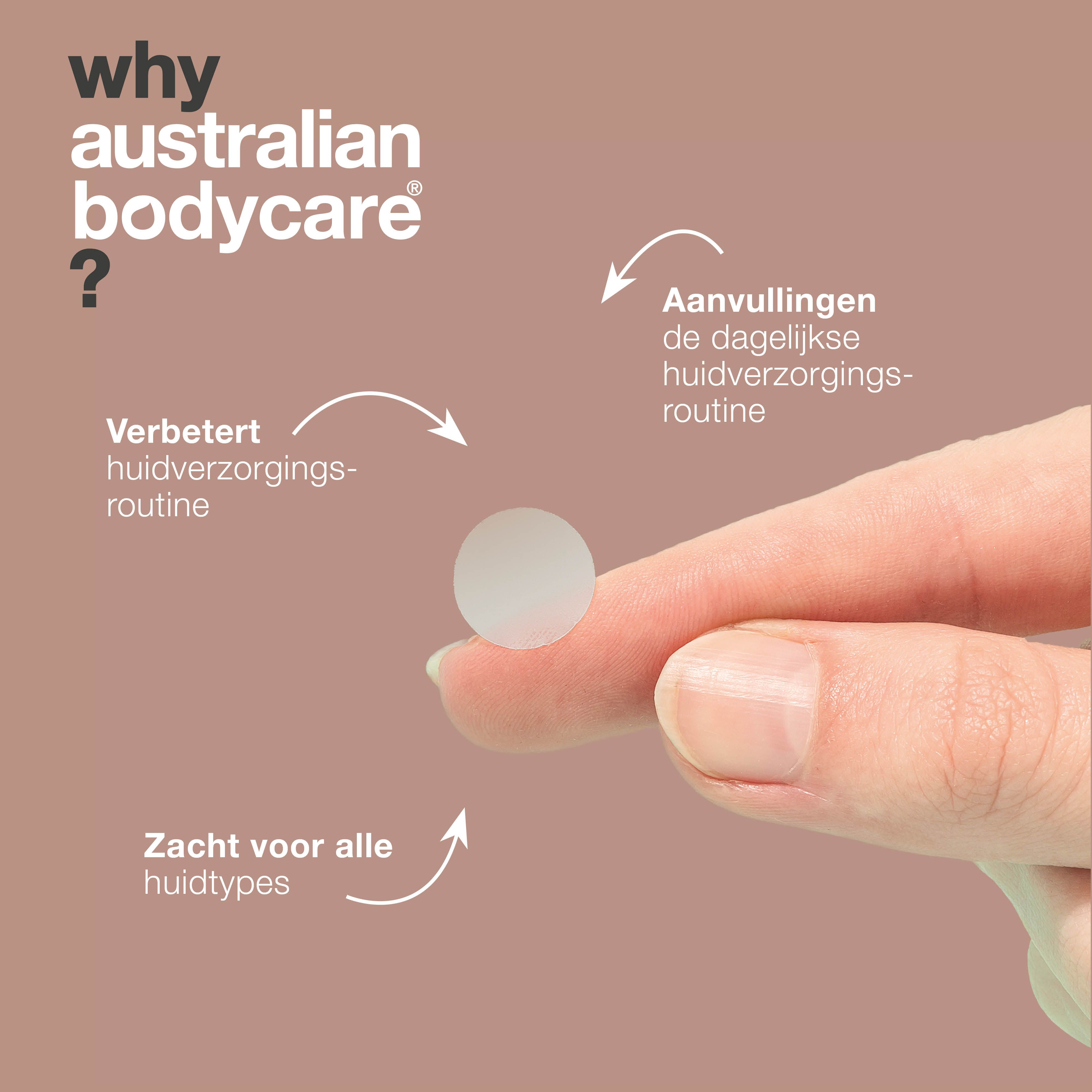 Een puistjespleister op een vinger. Tekst: Waarom Australian Bodycare? Pijlen wijzen naar de pleister.