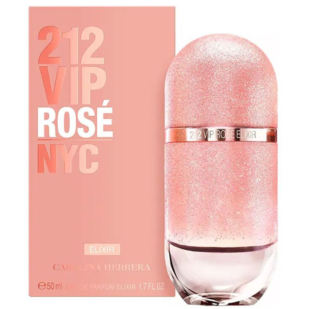 Flacon rose et emballage rose. Inscription : 212 VIP Rosé NYC Élixir. Marque : Carolina Herrera.