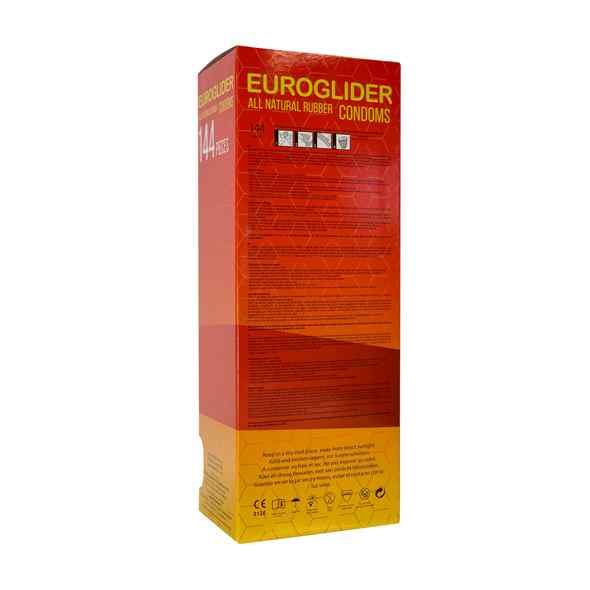 Boîte Euroglider, rouge-jaune. Inscription "EUROGLIDER ALL NATURAL RUBBER CONDOMS". Arrière avec texte et symboles.