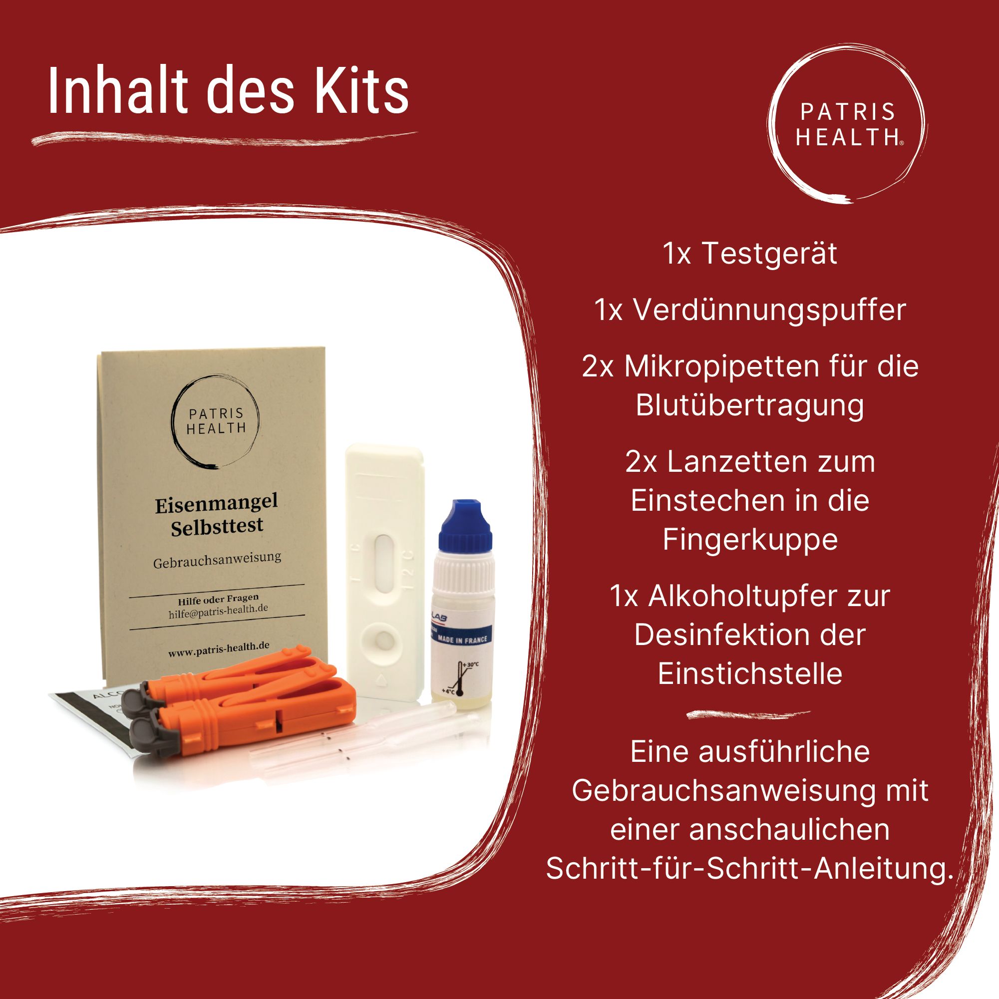 Inhoud van de Patris Health® ijzertekort zelftest kit. Testapparaat, verdunningsbuffer, micropipetten, lancetten, alcoholdoekje, instructies.